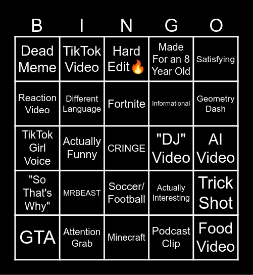 YouTube Shorts Bingo Card