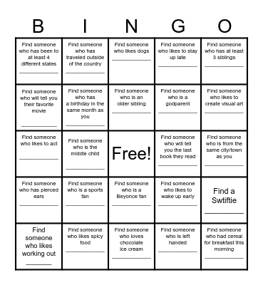 Find a Friend Bingo Card