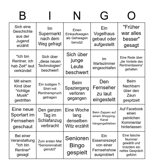 Das Senioren-Bingo Card