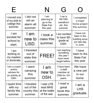 Staff Back to School Bingo Card