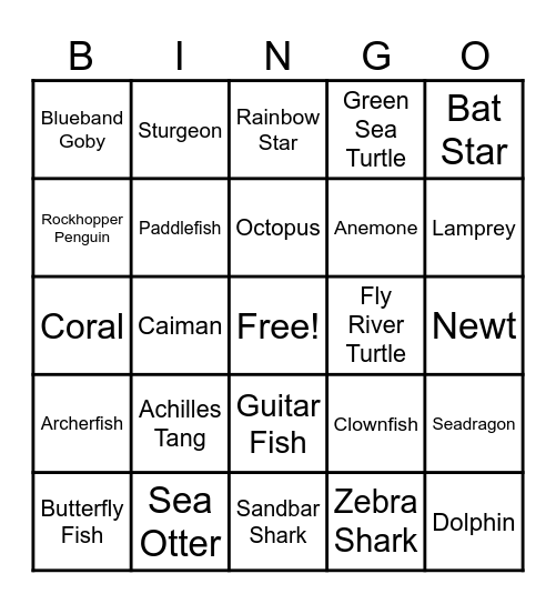 Aquarium Bingo Card