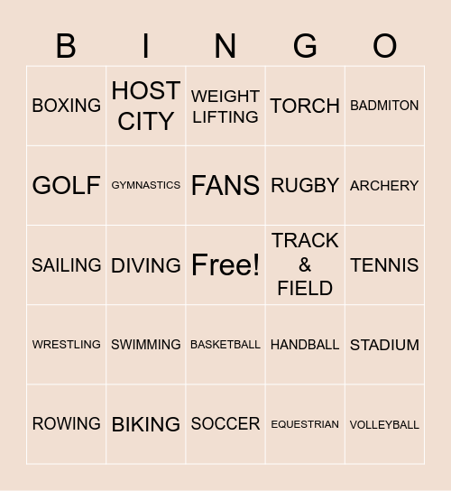 Olympics Bingo Card