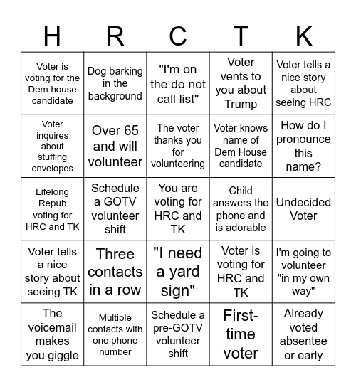 Phone Banking Bingo Card