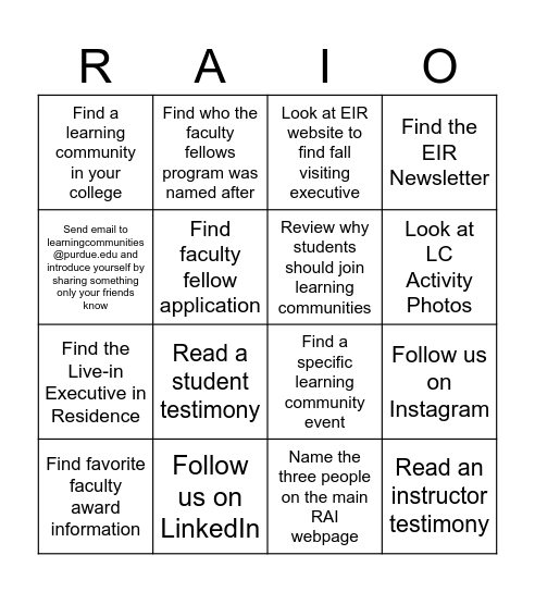 RAI Bingo "Digital Scavenger Hunt" Bingo Card
