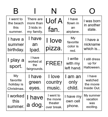 Back to School Bingo Card