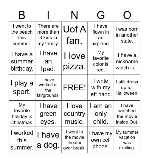 Back to School Bingo Card