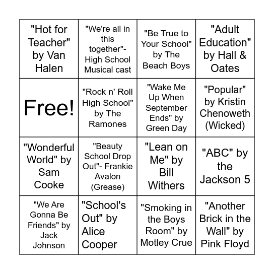 Back to School "Name That Tune" BINGO Card