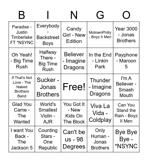 Boy Bands Bingos Bingo Card