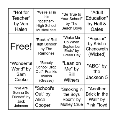 Back to School "Name That Tune" BINGO Card