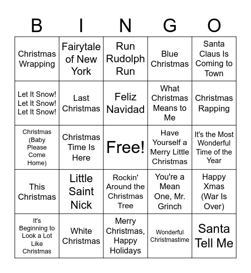 Christmas Songs Bingo Card