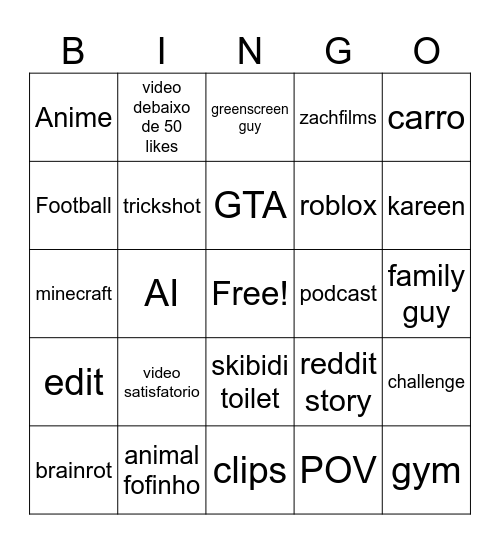 Bingo YT Shorts Bingo Card