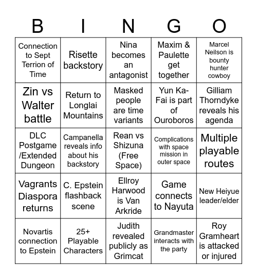 Kai No Kiseki Bingo Card