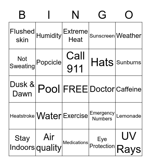 Summer Safety Tips Bingo Card