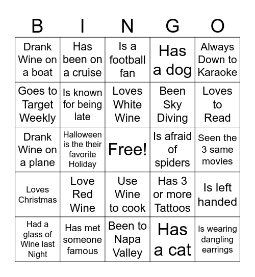 Wine Tour Bingo Card