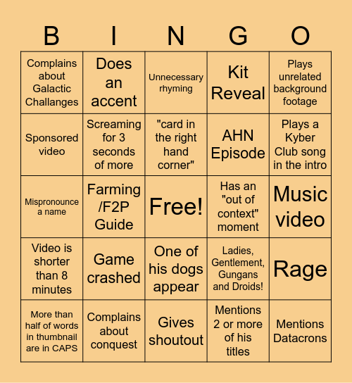 SWGOH Ahnald bingo Card