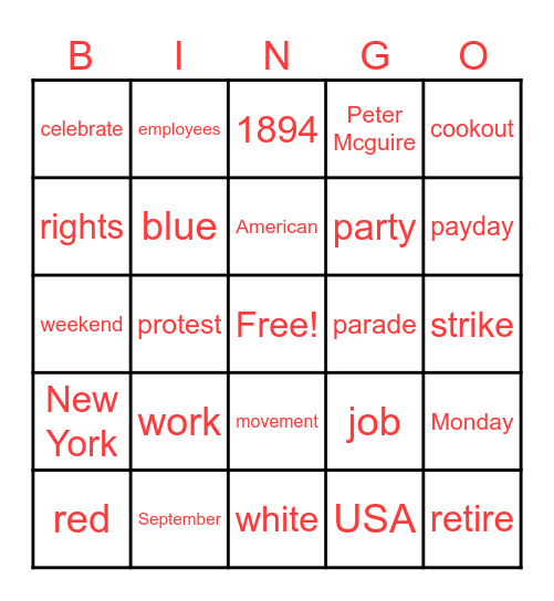 Labor Day Bingo Card