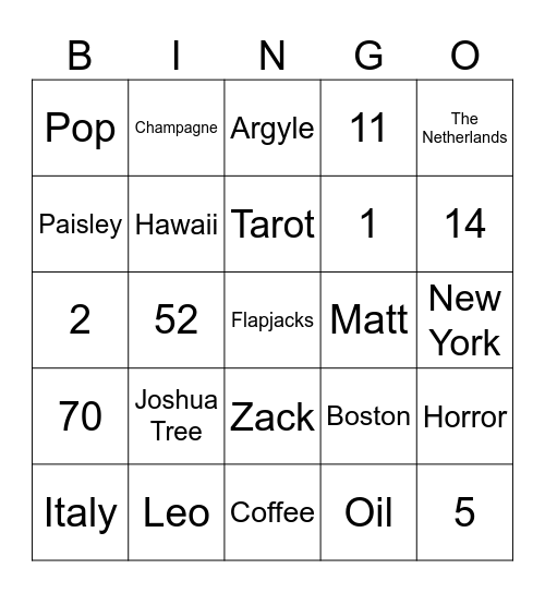 Nicholas BINGO Card