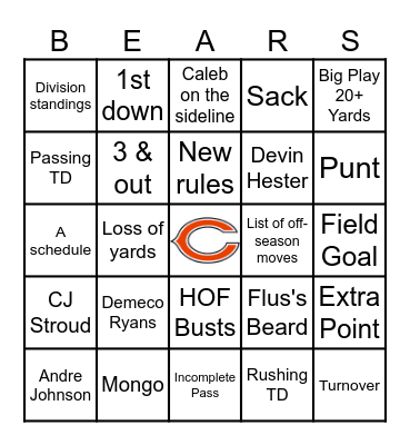 HOF Game Bears Bingo Card