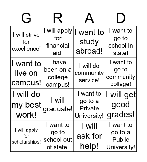 My journey to becoming a college... Bingo Card