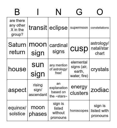 Astrology Girl Bingo Card