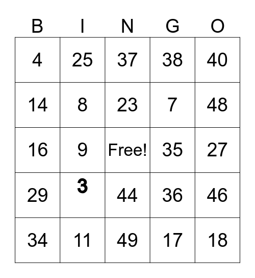 Number Bingo Card