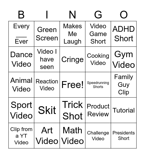 YT Shorts Bingo Card