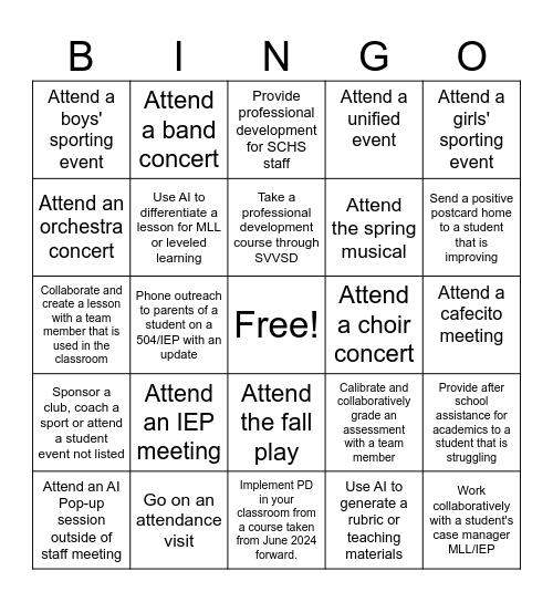 Silver Creek High School 2024-2025 Bingo Card