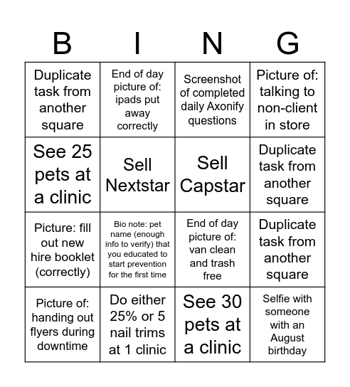 August 31-September 1 Bingo Card