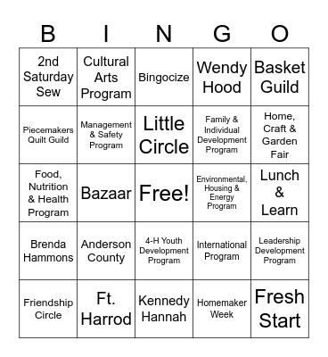 Anderson County Extension Homemakers Bingo Card