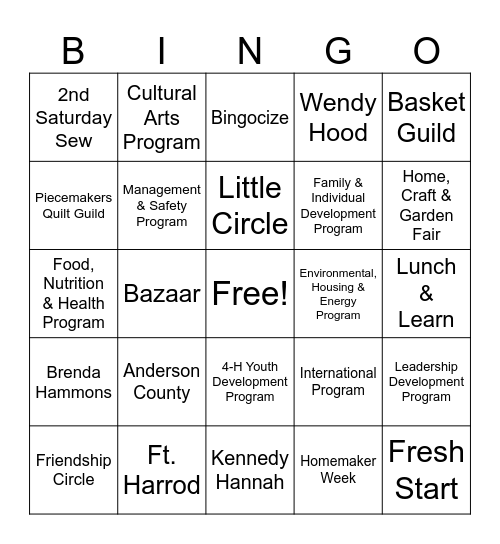 Anderson County Extension Homemakers Bingo Card