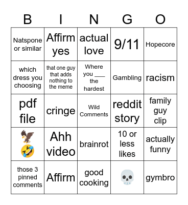 Instagram reels bingo Card