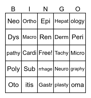 Medical Terminology BINGO Card