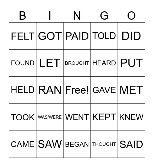 IRREGULAR VERBS - PAST Bingo Card