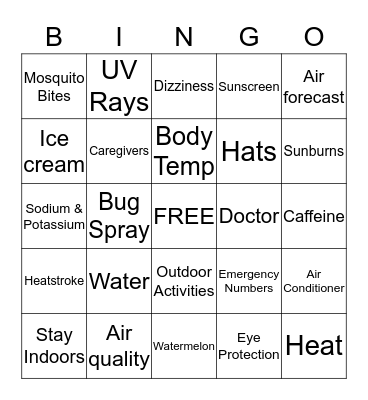 Summer Safety Tips Bingo Card