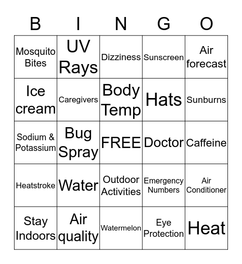 Summer Safety Tips Bingo Card