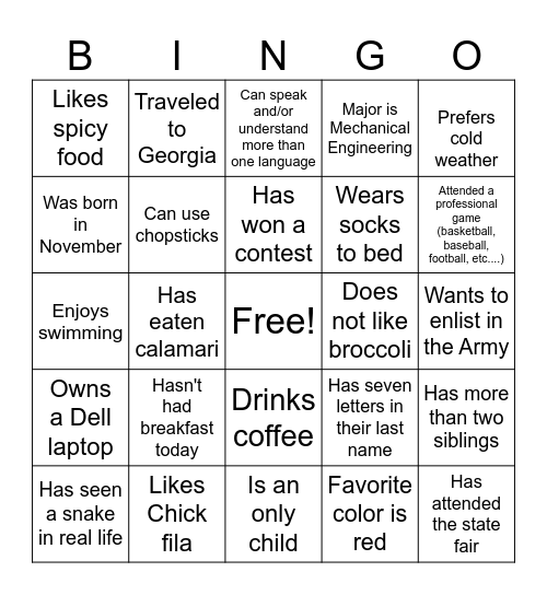 Find Someone Who(s) Bingo Card