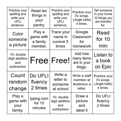 3rd Grade Homework Bingo Card