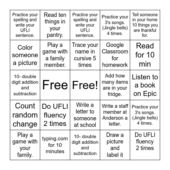 3rd Grade Homework Bingo Card