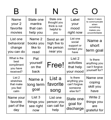 Mental Health Bingo Card