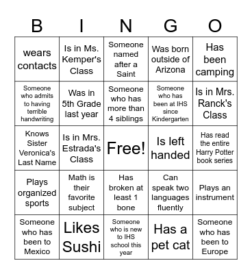Immaculate Heart Get to Know You Bingo Card