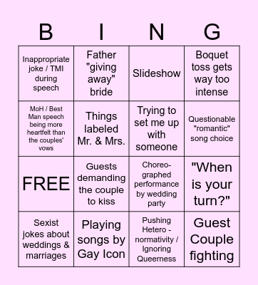 Straight Wedding Bingo Card