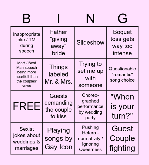 Straight Wedding Bingo Card
