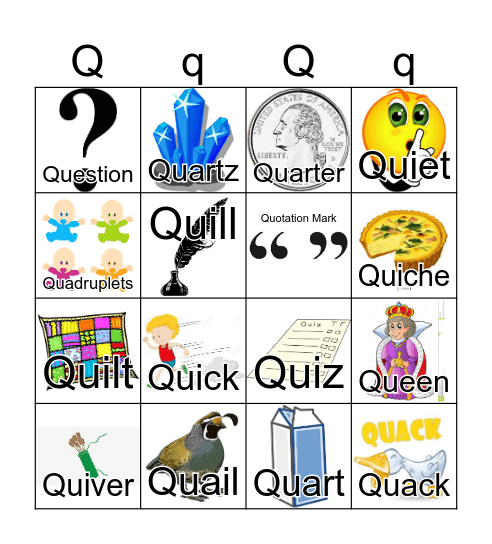 Letter Q Bingo Card