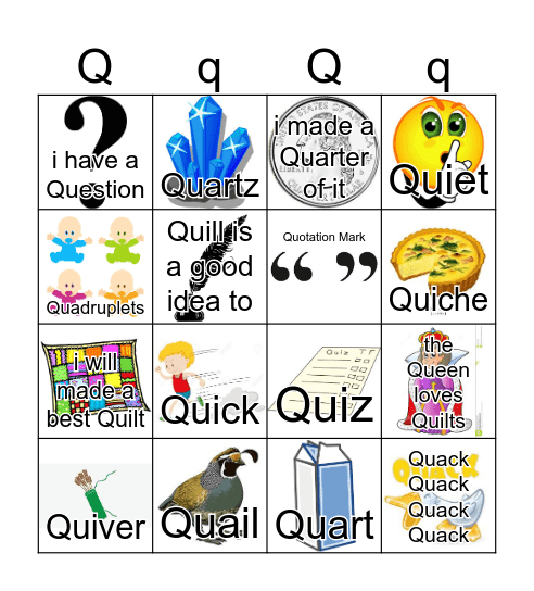 Letter Q Bingo Card