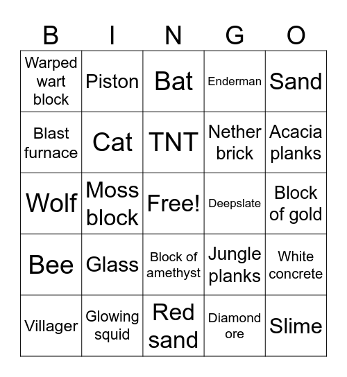 Minecraft mob and block bingo! Bingo Card