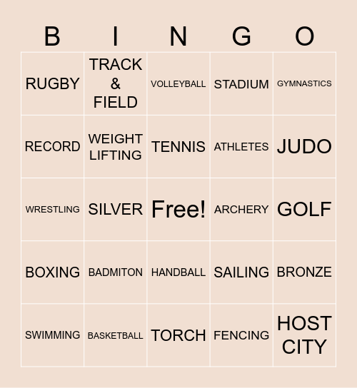 Olympics Bingo Card