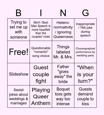 Straight Wedding Bingo Card