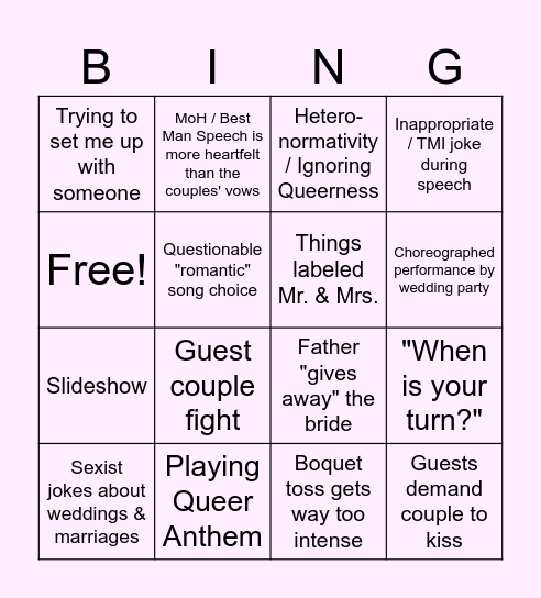 Straight Wedding Bingo Card