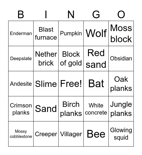 Minecraft mob and block bingo! Bingo Card