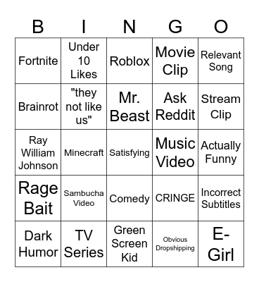 YOUTUBE SHORTS Bingo Card